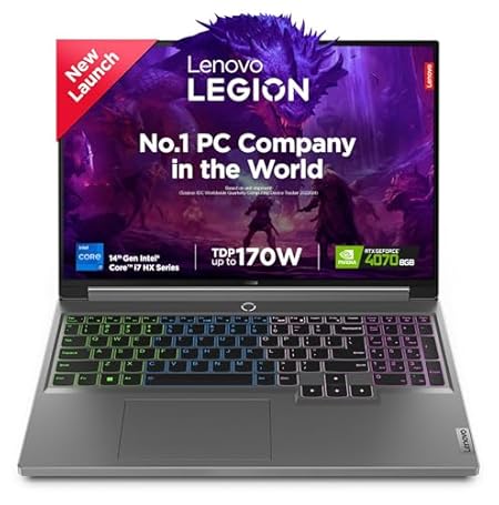 Lenovo Legion 5 Intel Core i7-14650HX 16" (40.64cm) WQXGA IPS 350Nits 165Hz Gaming Laptop (16GB/1TB SSD/Win 11/Office 2021/NVIDIA RTX 4070 8GB/100%sRGB/Alexa/3 Month Game Pass/Grey/2.3Kg), 83DG009DIN
